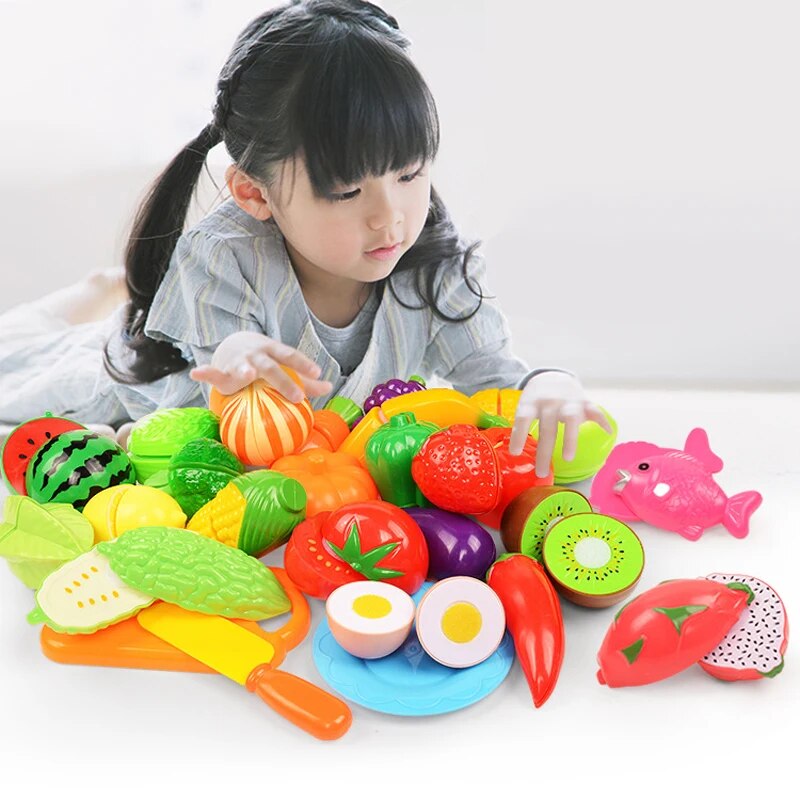 Hot Sale Role Play Educational Gift Baby Toy Pretend Play Food Set Fruits Vegetable Kitchen Playset for Kid's Gift Assembly Game