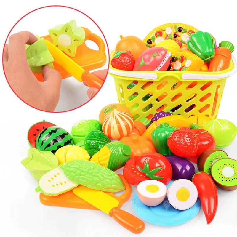 Hot Sale Role Play Educational Gift Baby Toy Pretend Play Food Set Fruits Vegetable Kitchen Playset for Kid's Gift Assembly Game