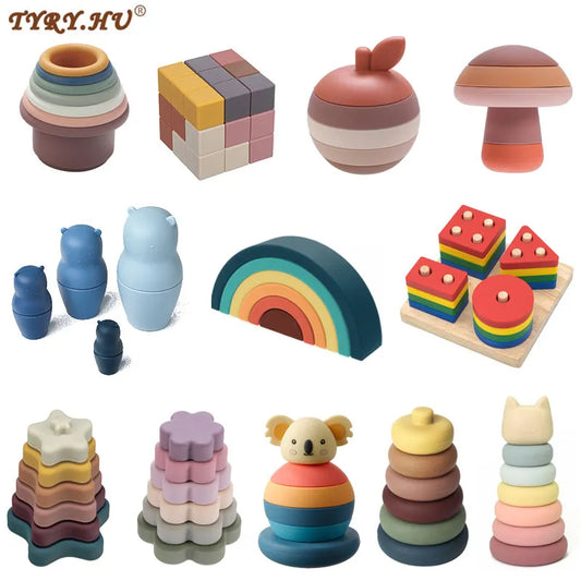 1Set Soft Building Blocks Silicone Stacking Blocks Baby Toy Round Shape Silicone Construction Toy Rubber Teethers Montessori Toy