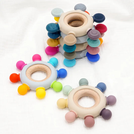 1PC Wooden Ring Teether Baby Toy Teething Infant Chewing Toy Baby Health Care Gifts Silicone Teethers For Baby Accessories